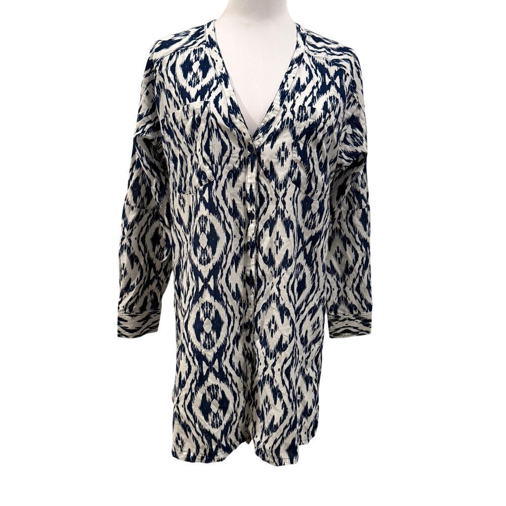 Athleta Ikat Bloom Kaftan Blue White Shirt Dress Cotton Silk Small Cover Up Chic - Picture 2 of 10